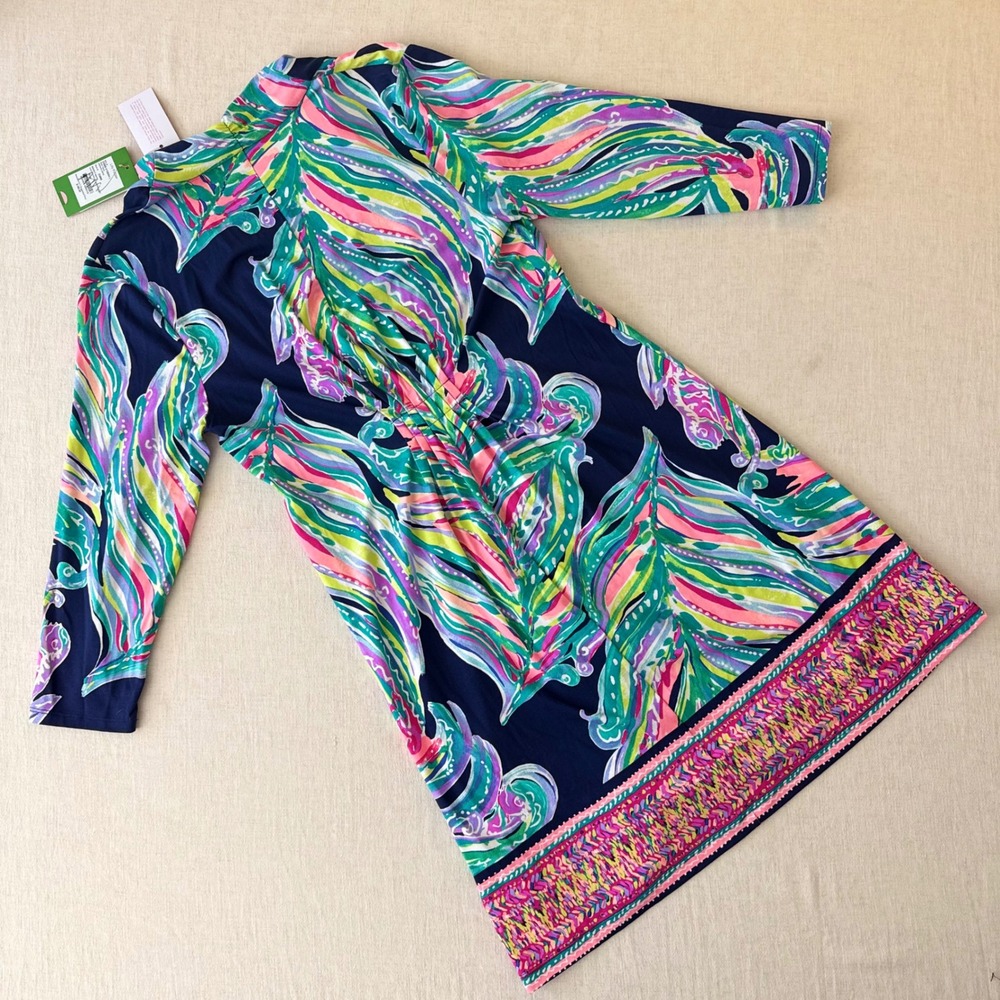 Lilly Pulitzer Margate Dress Bright Navy Dont Leave Me Hanging Floral Large - Picture 2 of 10